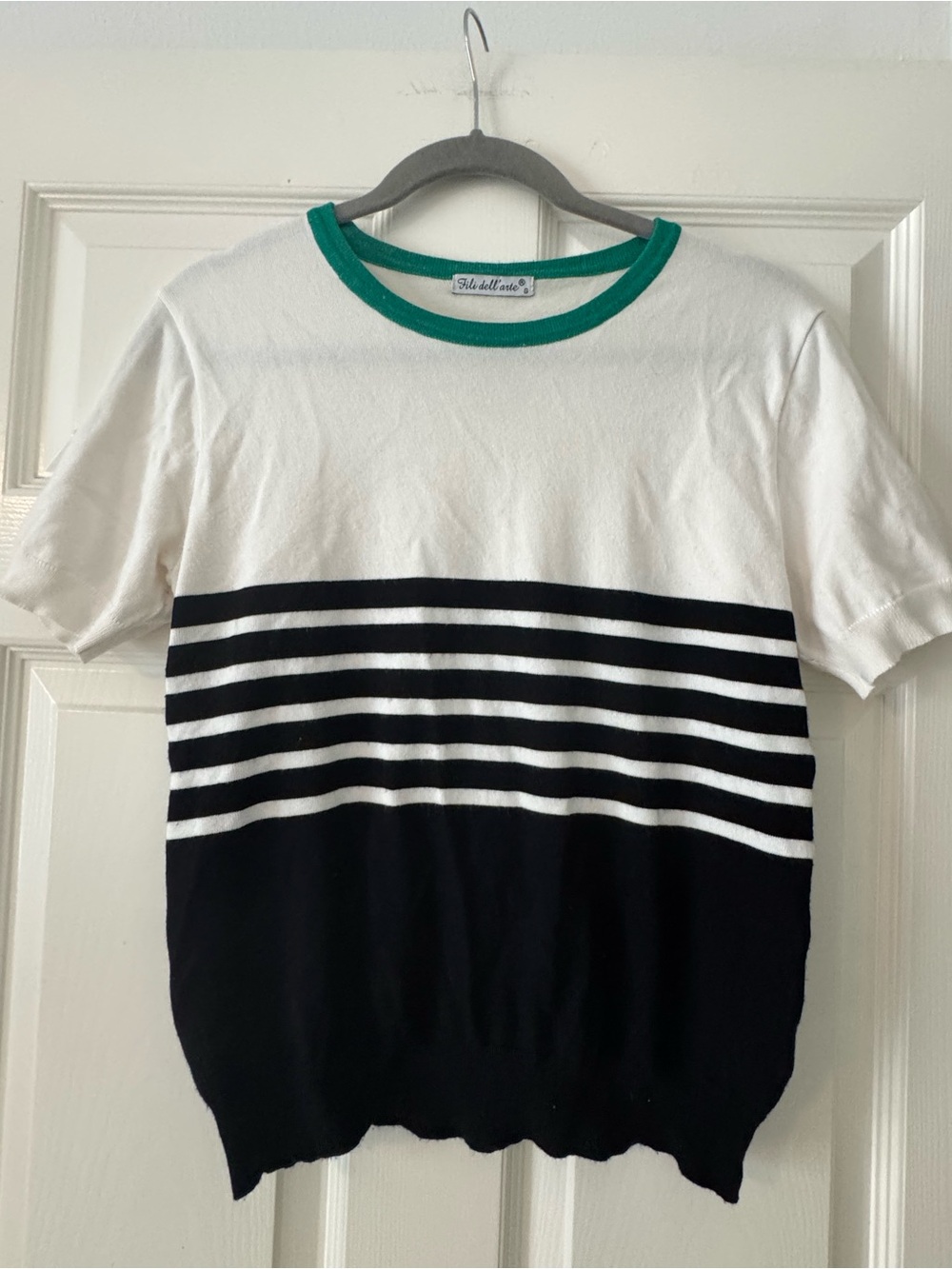 Italian-made Striped Crewneck Sweater in White, Black & Green Trim